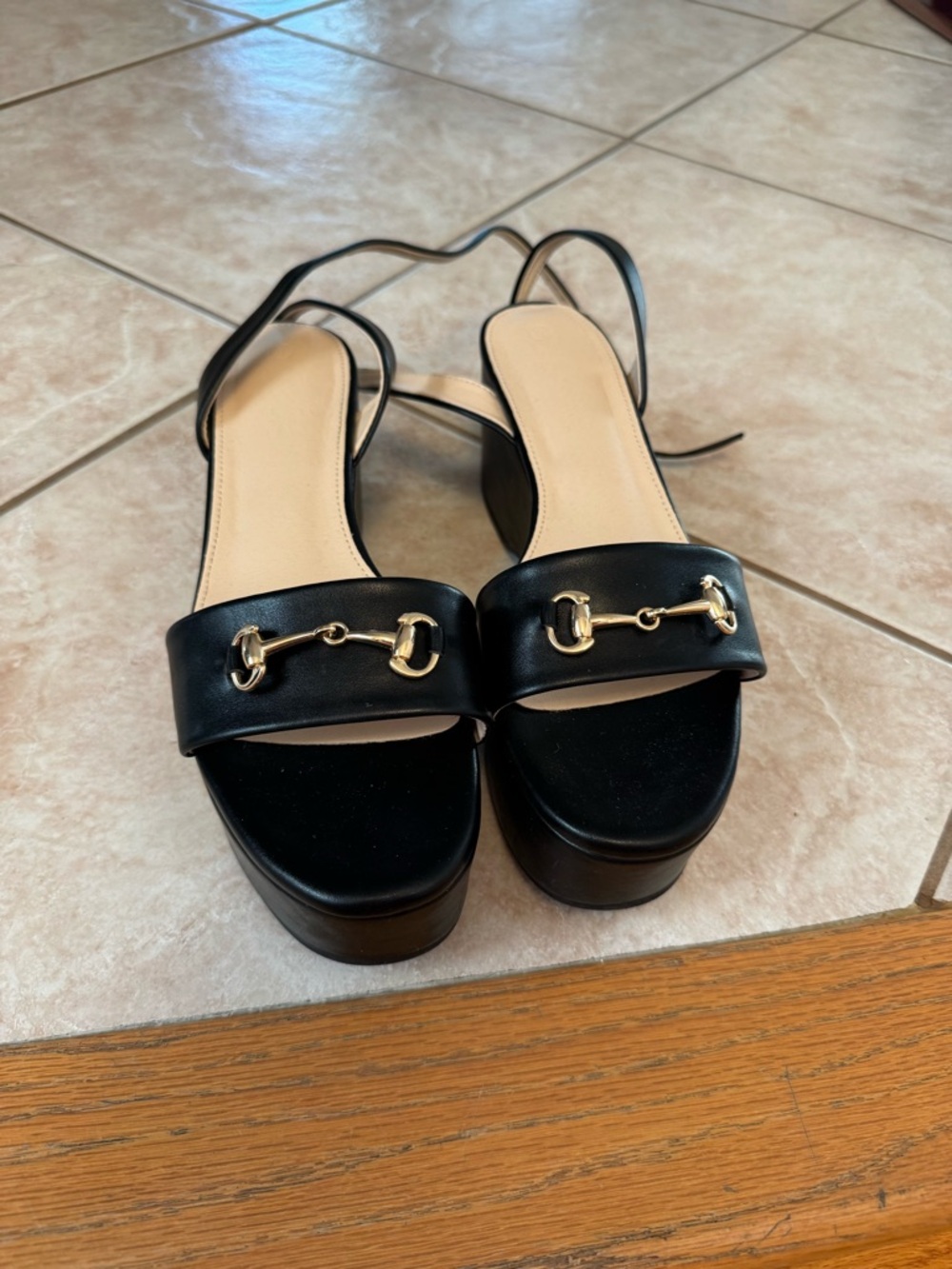 Black Platform Leather Sandals with Gold Horsebit Hardware